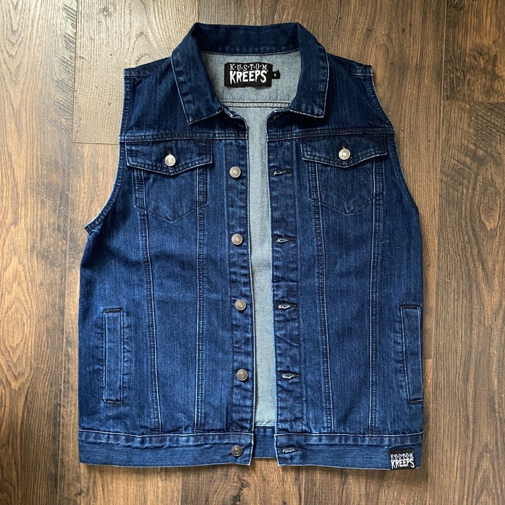 Kustom Kreeps Dark Blue Denim Vest - Size Mens Small, Sourpuss Jacket